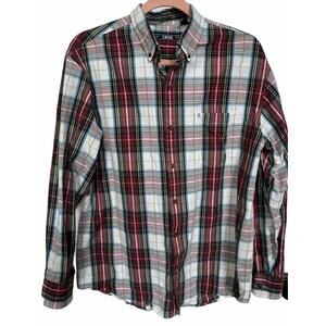 Izod Dress Shirt Mens M L Red White Striped Long Sleeve Pocket Logo Collar Work